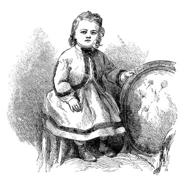 Sandalye sapında oturan küçük bir kızın portresi, klasik çizim ya da gravür.. 