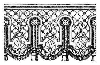 Alt tarafı süslemeli, asılmış bir tekstil imhası. Kablolar, püsküller ve nakışlar, klasik çizimler veya kabartmalar ile süslenmiştir..