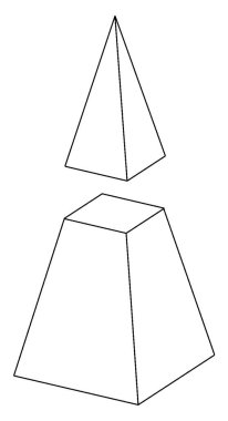 Verilen diyagramda ortada kesilen dikdörtgen bir piramit, klasik çizgi çizimi veya oyma çizimi var.