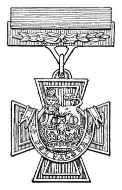 Victoria Haçı, ortasında kraliyet arması olan bronz bir Maltese madalyasıdır ve VALOR için aşağıda yazılıdır..