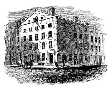 Fraunces Tavern 'ın tipik bir temsili, klasik çizgi çizimi veya gravür çizimi.