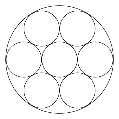 Geniş bir çemberin içindeki yedi tam çember ve dairelerin kenarları birbirine dokunarak geometrik şekil, klasik çizgi çizimi veya gravür çizimi yapıyor..