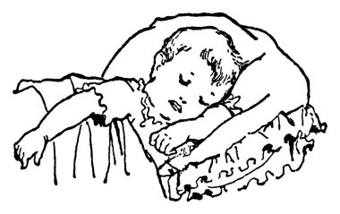 Küçük bir çocuk rahat bir yastıkta uyuyor, eski bir çizim ya da gravür çizimi..