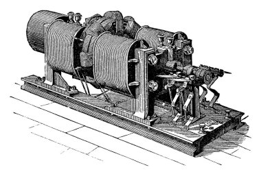 Mekanik enerjiyi elektrik enerjisine, vintage çizgi çizimine veya gravür illüstrasyonuna dönüştüren bir aygıt.