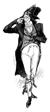 Fransız Devrimi sırasında giydiği kostüm giyen uzun boylu bir adam sol elini gömleğin içine sokarak yürüyor ve parmaklarını ağzında bırakarak, klasik çizim ya da resimleme 