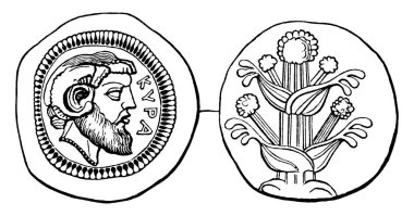 Cyrene sikkesi, bir tarafında Lapitlerin Kralı, diğer tarafında bitki, klasik çizim ya da gravür resimleriyle arzulanır..