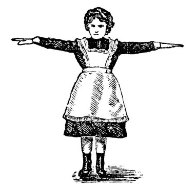 Elleri havada, yerde duran küçük bir kız klasik bir çizim ya da gravür çizimi yapıyor..