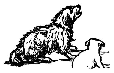 Sokaklarda oturan iki farklı büyüklükteki köpeğin tipik bir temsili. İkisinden biri havlıyormuş. Köpekler sadıktır ve insanın en iyi dostu olarak kabul edilir. Klasik çizim ya da gravür çizimi..