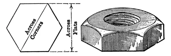 插销上装有内螺纹的金属块 通常是六角形的 老式线条或雕刻图解 — 图库矢量图片