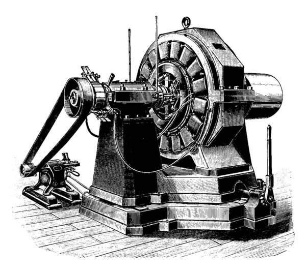 A small direct current dynamo with collecting rings and pole pieces, designed for the generation of alternating currents,, vintage line drawing or engraving illustration.