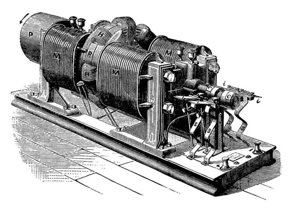 A Brush dynamo was a type of dynamo, an electrical generator, formerly used for battery charging on motor vehicles, vintage line drawing or engraving illustration.