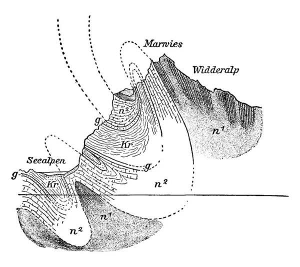 地質学的断層 ヴィンテージライン図面や彫刻イラストによるベッドの厚さの変化 — ストックベクタ