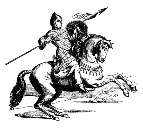 骑警骑着马的士兵 有盾牌和盔甲 老式线条画或雕刻插图 — 图库矢量图片