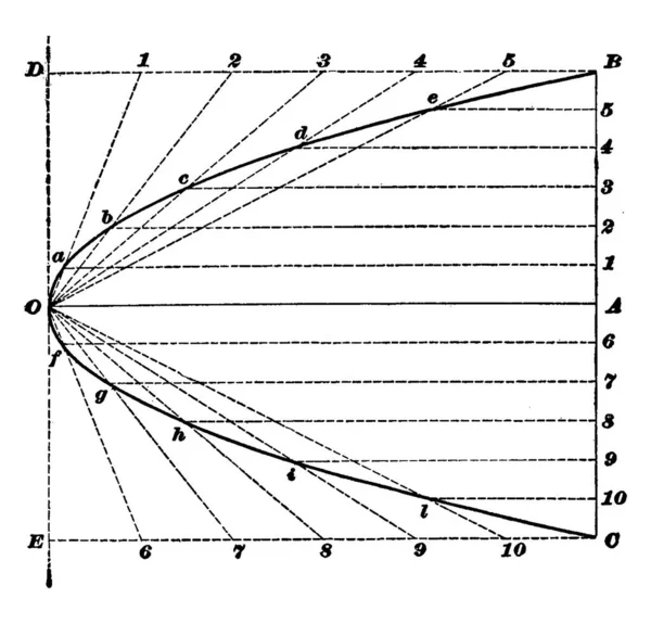 图形显示了一个抛物线 它是一个对称的开放平面曲线 由一个圆锥与一个与其侧面平行的平面相交形成 以及一个古老的线条绘图或雕刻图解 — 图库矢量图片