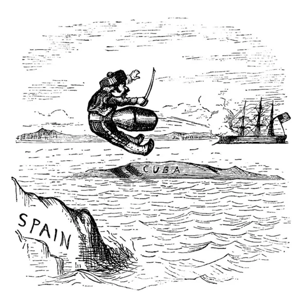 Смешная Карикатура Испанского Солдата Возвращающегося Испанию Пуле Выпущенной Американским Кораблем — стоковый вектор