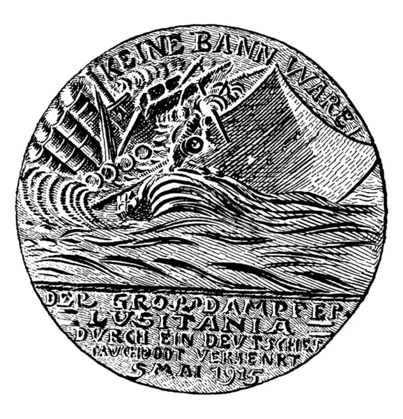 Медаль Лузитания Представляет Собой Тонущий Корабль Рисунок Винтажной Линии Гравировку — стоковый вектор