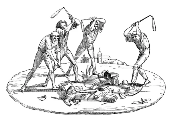 四个人破坏骑士的盔甲 剑和主教的钩子和手套 老式线条画或雕刻插图 — 图库矢量图片