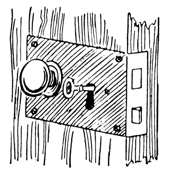 门锁锁和钥匙的典型代表 与门相连 几乎全世界都在使用 以保证房子内物品的安全 制作老式线条或雕刻插图 — 图库矢量图片