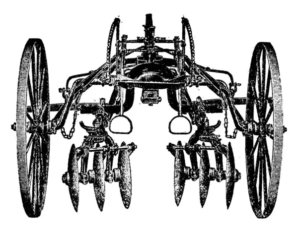 Tallrikskultivator Har Två Stora Hjul Och Sex Små Tallrikar Foor — Stock vektor