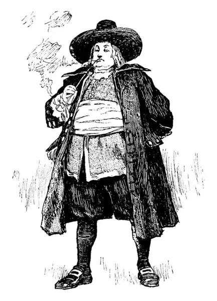 荷兰胖子站在那里 头戴一顶帽子 身穿远古时代的服装 头戴复古线条或雕刻图案的胖荷兰人 — 图库矢量图片