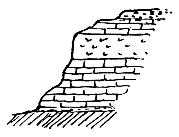 在较老的沉积岩层 火山熔岩层或凝灰岩层之间 或沿着变质岩石的叶绿化方向 古线条画或雕刻图解之间 显示出一种表格片状侵入 — 图库矢量图片