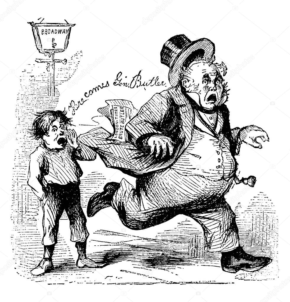 Thomas Nast first cartoon picture, John Bull is traditionally depicted as a fat man wearing a waistcoat., vintage line drawing or engraving illustration. 