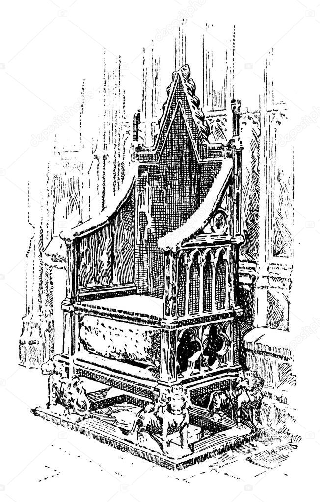 Coronation Chair having Scottish stone of Scone beneath the seat, Westminster Abbey, vintage line drawing or engraving illustration.