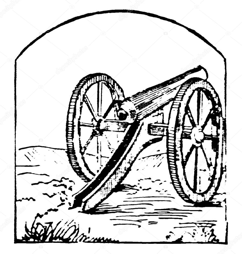 A cannon is a type of gun classified as artillery that launches a projectile using propellant, vintage line drawing or engraving illustration.