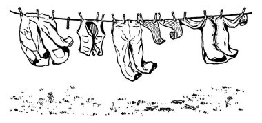 Çamaşırları kurutmak ve çamaşırları çamaşır ipine asmak, eski moda çizimler ya da kabartmalar..