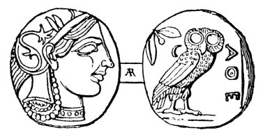 Bu figür Atina 'nın antik sikkesini gösteriyor. Üzerinde baykuş olan ters ve Athena heykeli, klasik çizim ya da gravür resimleriyle ters..