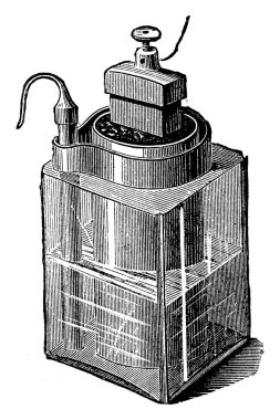 The Leclanch cell contained a conducting solution (electrolyte) of ammonium chloride, a cathode (positive terminal) of carbon, a depolarizer of manganese dioxide, and an anode (negative terminal) of zinc, vintage line drawing or engraving  clipart
