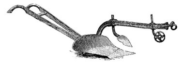 Görüntü, ahşaptan yapılmış bir Amerikan sabanı ve altta sivri uçlu bir bıçak, klasik çizim ya da gravür..