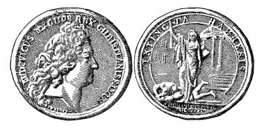 XIV. Louis Madalyası bir tarafta Büyük Louis, bir tarafta Hristiyan Kral diğer tarafta ise Heresy Söndü, klasik çizim veya gravür.