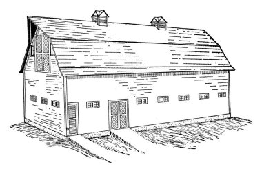 Görüntü at ve sığırları saklamak için kullanılan bir binayı gösteriyor, klasik çizim ya da gravür çizimi.