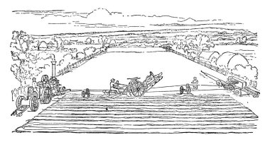 Fowlers Steam-Plough 'u işleten çok az adam, çiftlikte saban sürmek için kullanılan buhar makinesi, klasik çizim ya da gravür çizimi.
