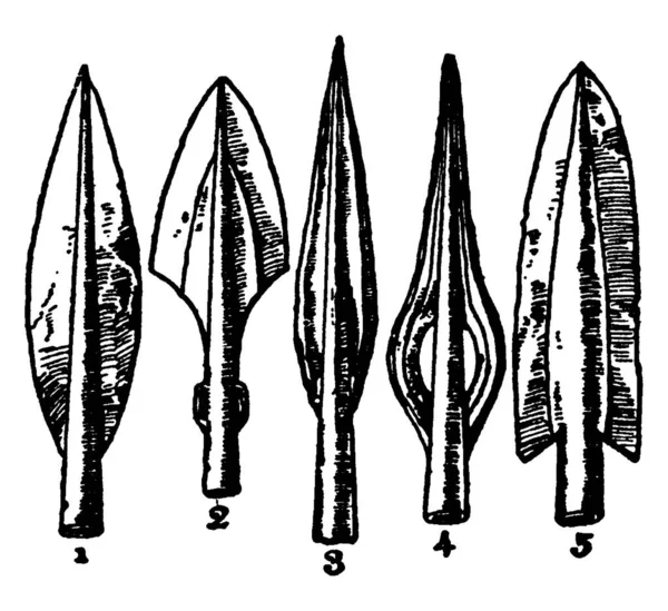先史時代のアイルランドの槍先は5つの異なる形をしており 表示されている ブロンズ ヴィンテージライン図面や彫刻イラストで作られています — ストックベクタ