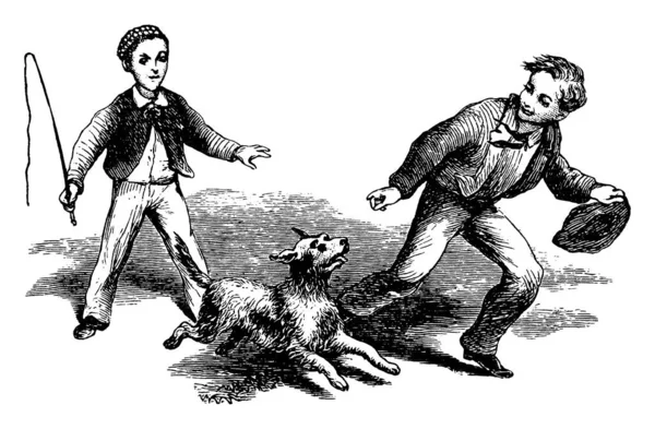 犬と二人の男の子は 彼の手に帽子を保持男の子の娯楽のために犬と競争する一方で ハンター ヴィンテージライン図面や彫刻イラストを持っています — ストックベクタ