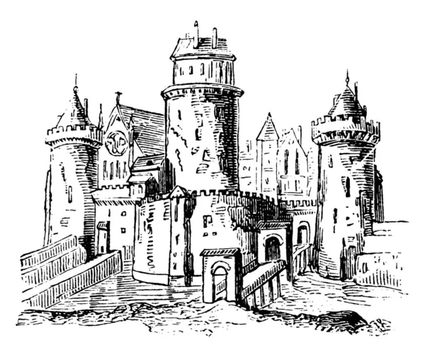 Anglo Saxon Feudal Castle Vintage Line Draw Engraving Illustration — 스톡 벡터