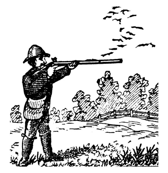 Маленький мальчик, стоящий на полевой ферме, находится в положении, чтобы снимать далекую вещь, рисунок винтажной линии или гравировку иллюстрации 