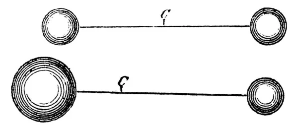 同じ重みと不平等のペアを持つロッドの重力の中心 同じ重みの重心はロッドの真ん中にあり 同じ重みは大きなもの ヴィンテージラインの図面や彫刻イラストに向かって移動されます — ストックベクタ