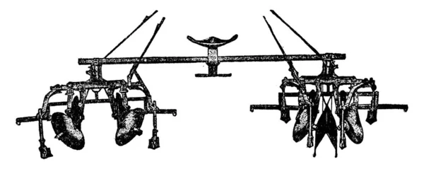 Dubbele Rij Schijf Cultivator Vintage Lijn Tekening Graveren Illustratie — Stockvector