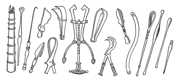 ポンペイ イタリア ヴィンテージ線画や彫刻イラストで使用される外科用器具の多数の異なる形状 — ストックベクタ