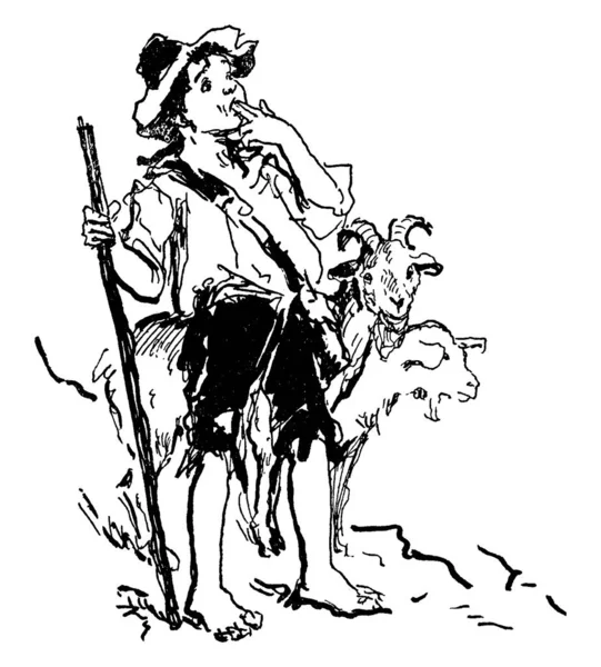 图上是一个牛仔拿着棍子 站在他的坐骑 老式线条图画或雕刻插图旁边 — 图库矢量图片