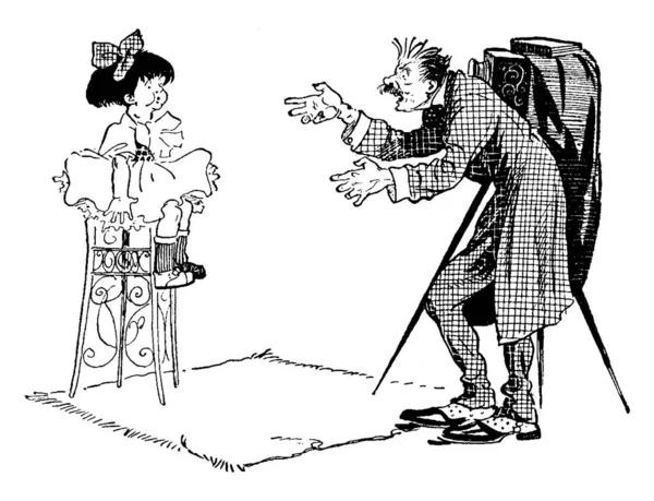 Karikatur Eines Jungen Mädchens Das Auf Einem Hohen Schemel Sitzt — Stockvektor