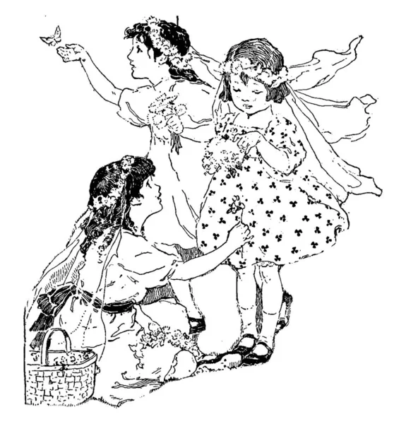 Три Дівчини Квіткових Вінках Тримає Квітку Руках Одна Дівчат Намагається — стоковий вектор
