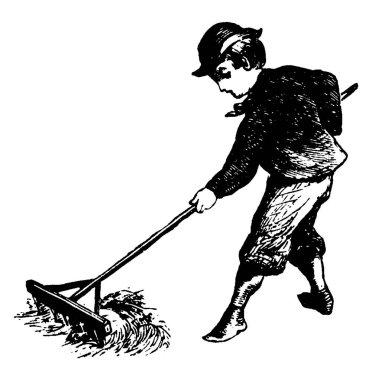 Şapka takan, elinde tırmıkla çiftçilik yapan klasik çizimler yapan ya da gravür çizen bir çocuk..