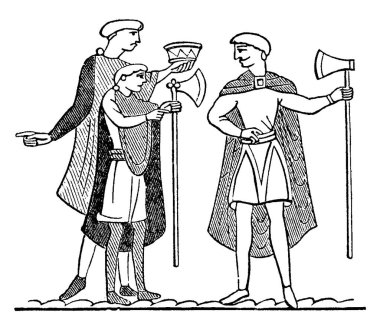 Bayeux Tapestry, orta uzunlukta ve yükseklikte işlenmiş bir kumaş, olayı tasvir ediyor, insanlar tarafından Harold 'a sunulan taç, klasik çizim veya gravür..