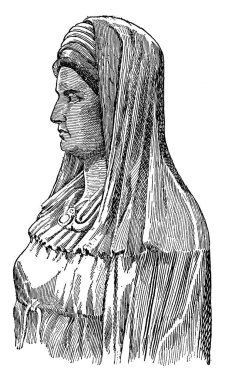 Vesta Tapınağı 'nda bulunan Roma Forumundaki heykel, klasik çizim ya da gravür çizimi.