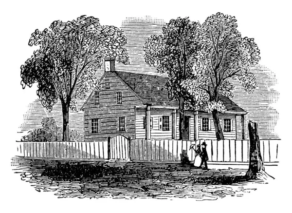 雅各布 珀迪宅邸的一个例证 这座房子在1778年被用作乔治 华盛顿将军的总部 可能在1776年 在美国独立战争的白原战役中 它被用来画老旧的线条或雕刻插图 — 图库矢量图片