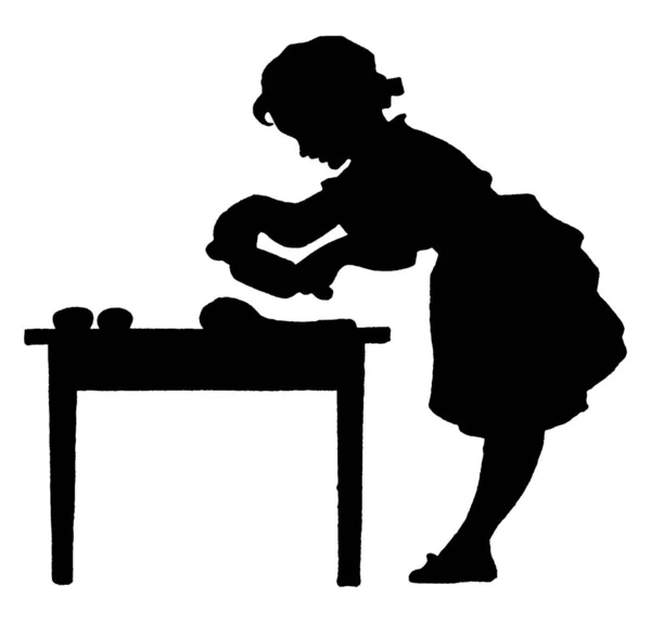 Little Girl Standing Table Making Dough Rolling Pin Vintage Line — Stock Vector